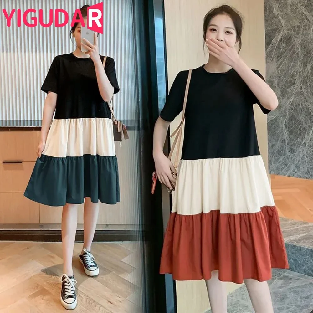 

Summer Maternity Sundress Contrast Color Dress Pregnant Women Vestidos de fotografia Loose Clothes Patchwork 2025 Elegant