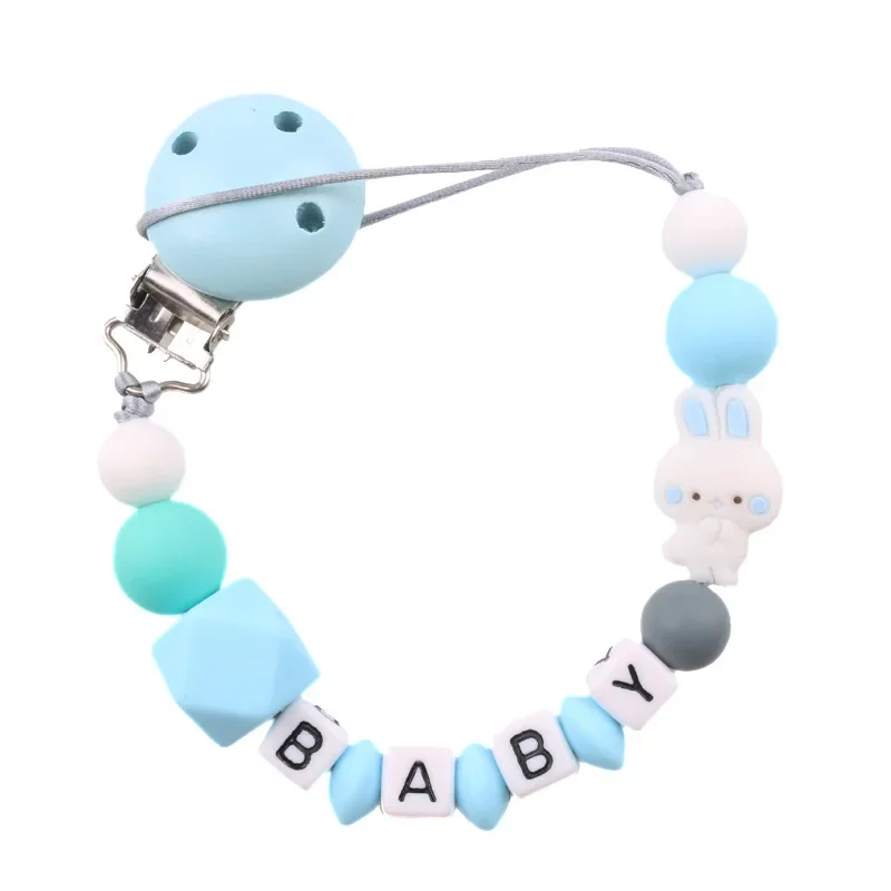 Attache-sucette en bois de hêtre avec nom personnalisé pour bébé, jouet de dentition pour nouveau-né, en silicone, avec ses multiples perles, cadeau