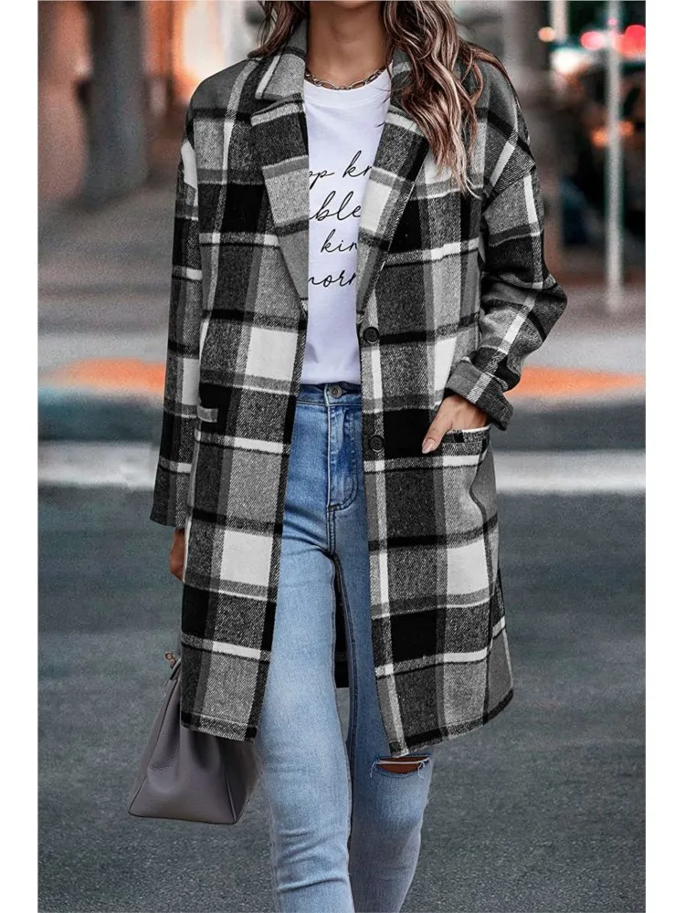 

2025 New Autumn And Winter Women's Lapel Pocket Plaid Wool Jacket Casual And Fashionable Plaid Striped Tweed Coat Females