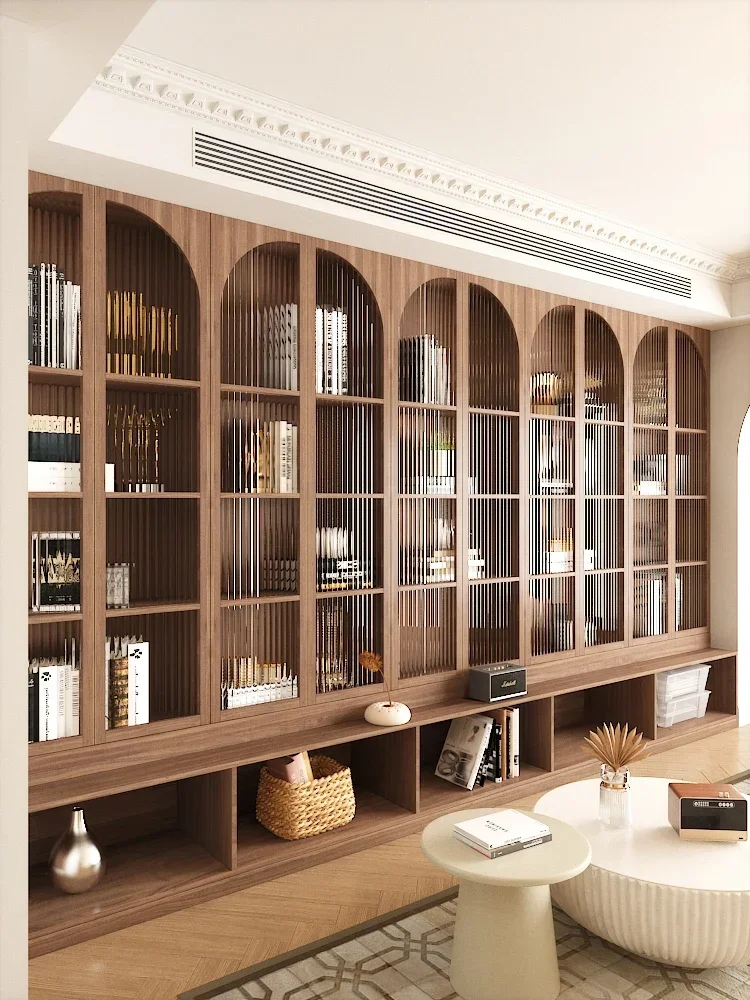 

Книжный шкаф, встроенный шкаф с полной стеной до верхней стены, фиксированный бытовой арочный шкаф из цельного дерева