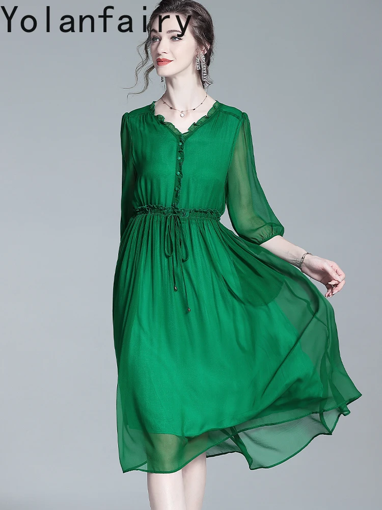 ชุดเดรสไหมมัลเบอร์รี่แท้ 100% ยี่ห้อ YOLANFAIRY สำหรับผู้หญิง ฤดูร้อน หรูหราเบาสบาย ชุดเดรสไหมแท้คุณภาพสูง สีเขียว ชุดเดรสสำหรับผู้หญิง