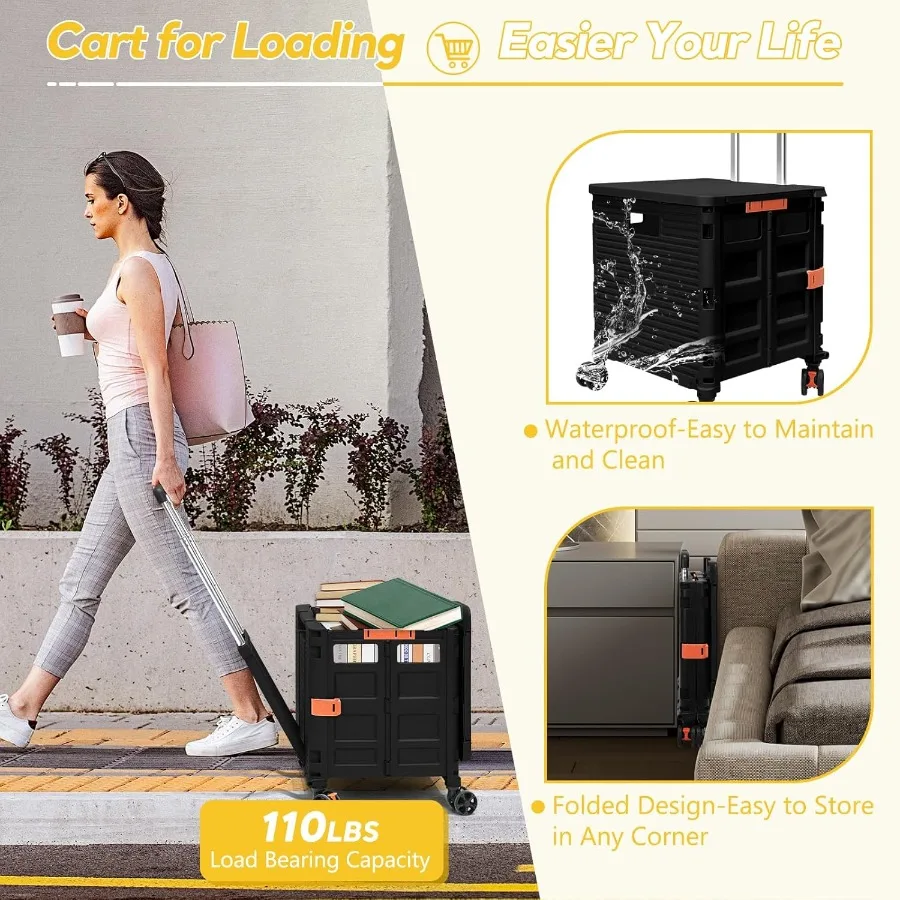 Chariot utilitaire pliable, caisse roulante, chariot à main avec roues rotatives et couvercle magnétique étendu, poignée télescopique réglable à Mult
