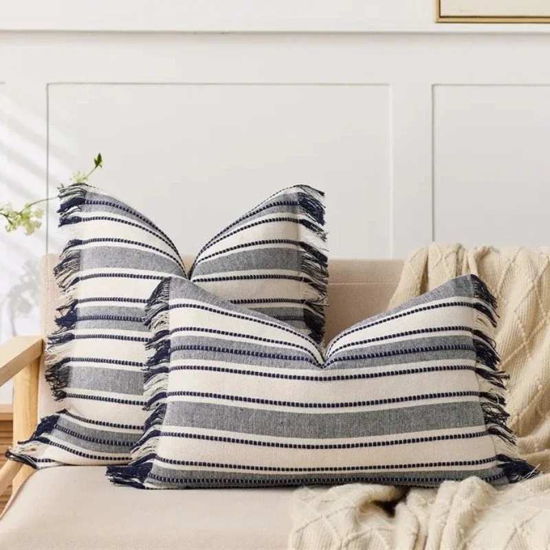 2-Piece Stripe Yarn Dyed Jacquard Cushion Cover Wabi Sabi Pillow Case Linen Cotton Blend with Tassel Fringe Modern Home Decor