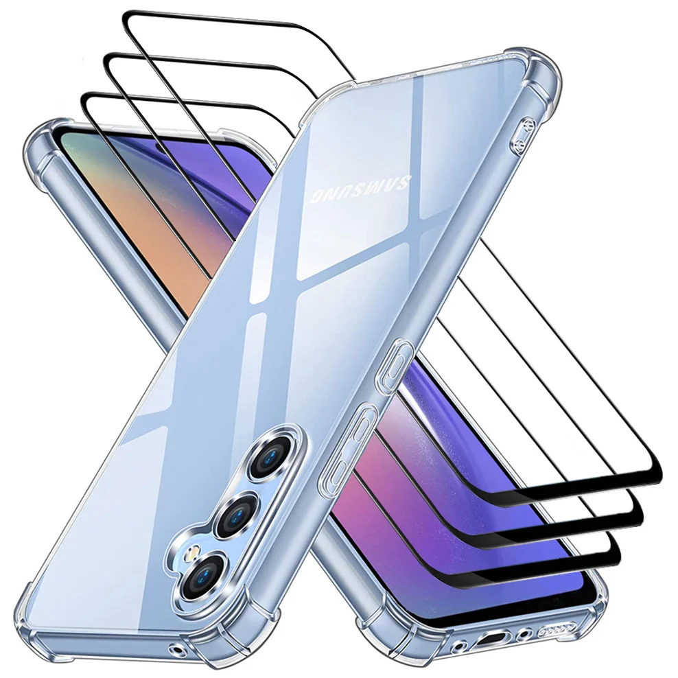 

4-in-1, Case + 3 Glass for Samsung A54 A34 A24 Soft Clear Shockproof Silicone Phone Cases A24 4G Cover A34 5G Samsung Galaxy A54