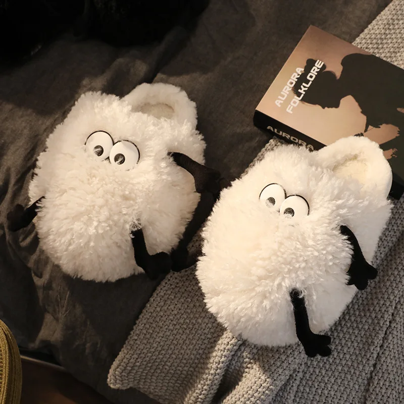 Funny Coal Ball For Women Cute Cotton Slippers Girls Home Winter Slipper 2023 Men Fluffy Fur House Slides Shoes