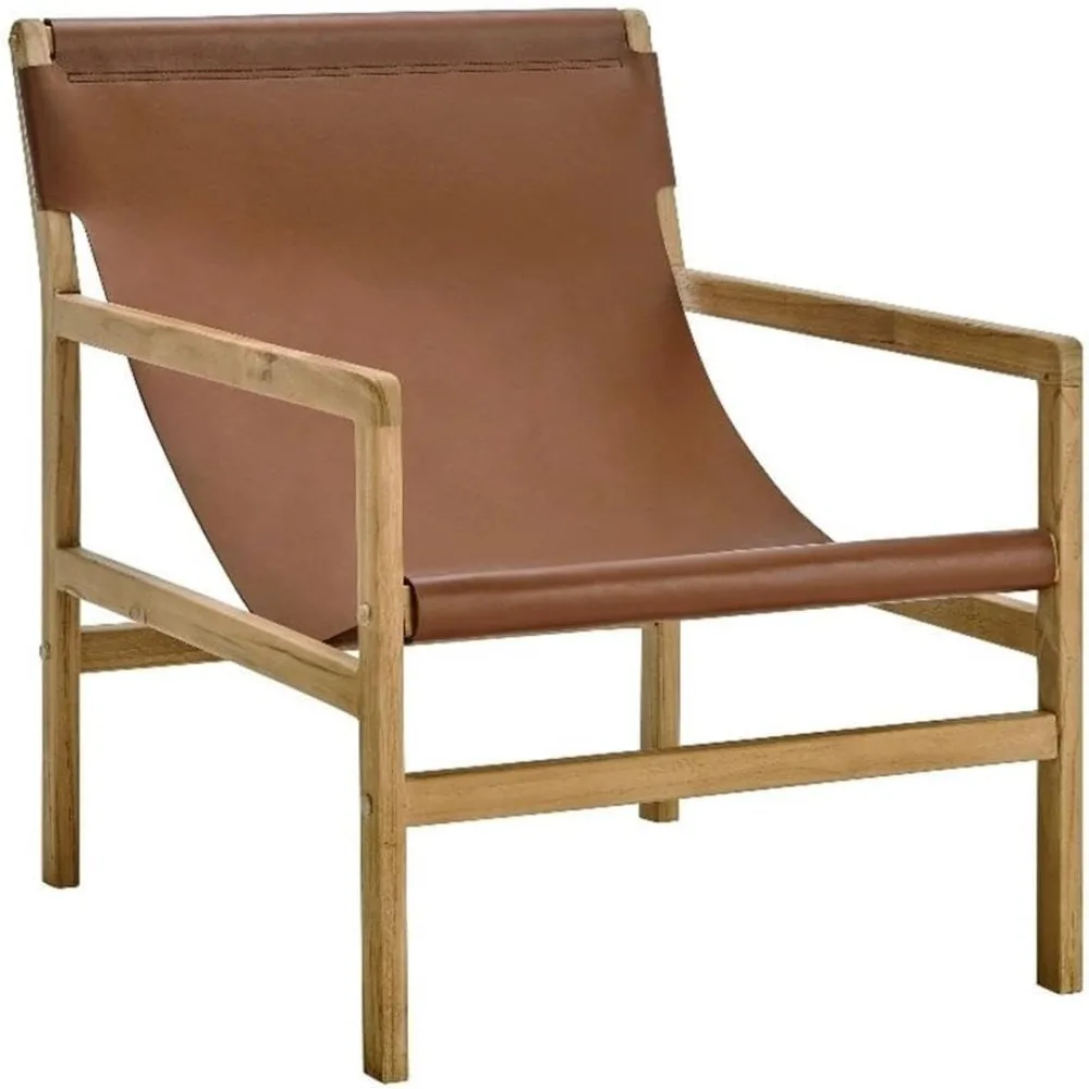 Modway Sonora Silla tipo cabestrillo de cuero en color castaño tostado – Sillón con acento moderno de mediados de siglo con estructura de madera de teca para sala de estar,