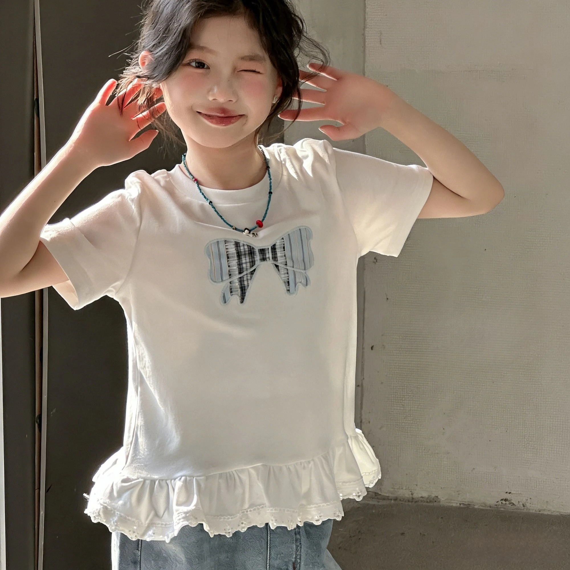 

Girls T Shirt 2026 Summer Dress Sweet Little Girl Short Sleeve New Girl Spring and Summer Dress Lace Edge Top