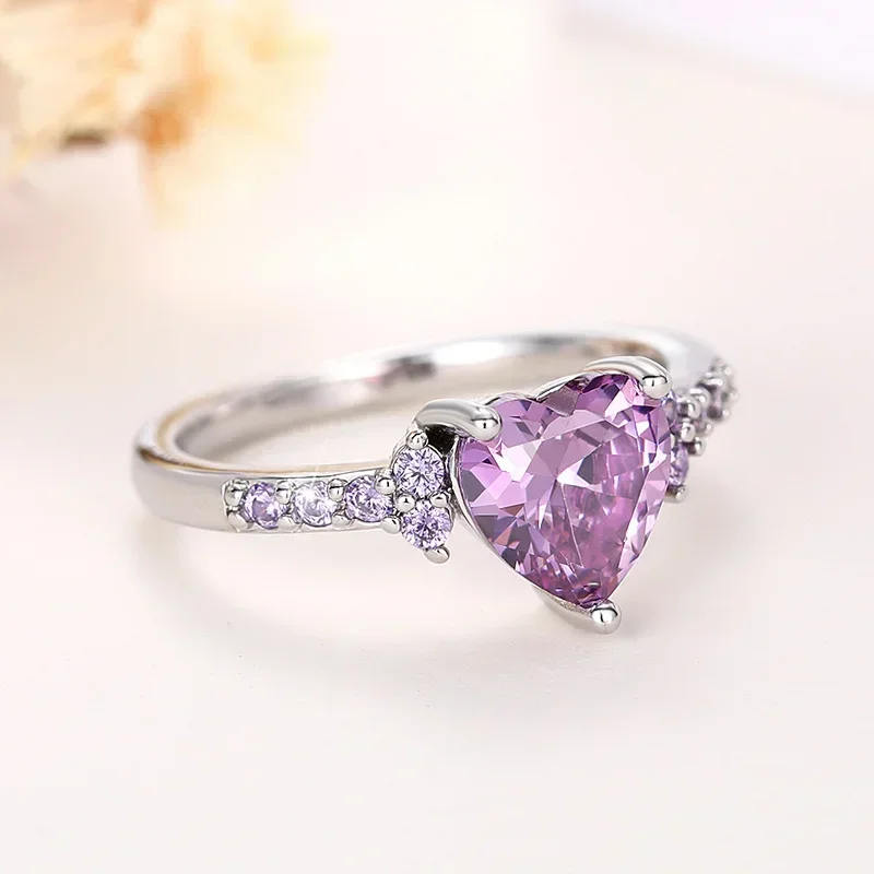 Charming Heart Purple Cubic Zirconia Rings for Women Romantic Wedding Ceremony Party Bridal Accessory New Trendy Jewelry