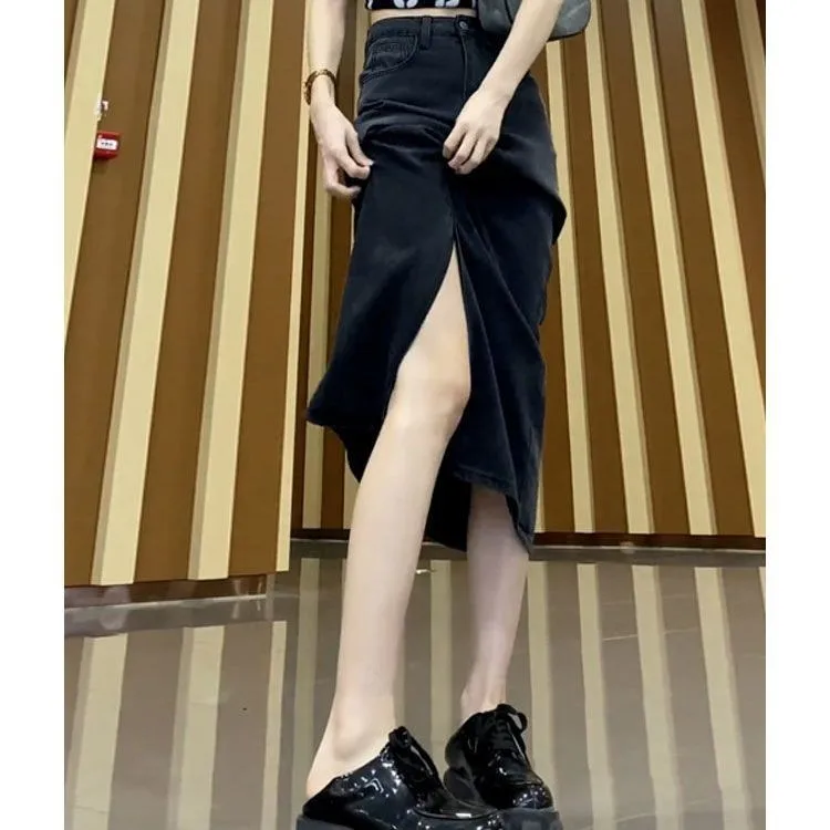 

Lycra Denim High Waist Slit Sexy Slimming Long f Skirt Breathable Light Summer Busin Home High Waist Skirt
