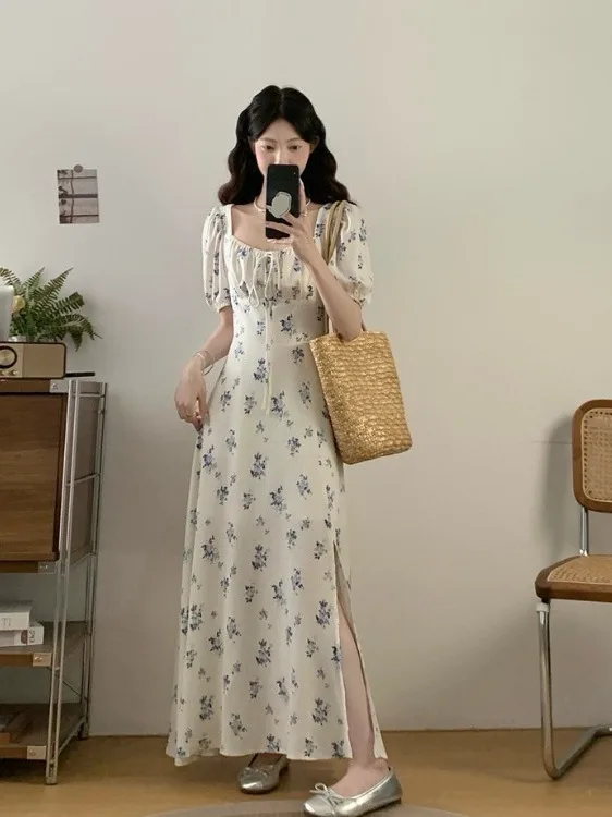 

Новое летнее женское платье больших размеров с цветочным принтом, квадратным вырезом, А-силуэтом, длинное, с завышенной талией, скрывающее недостатки фигуры