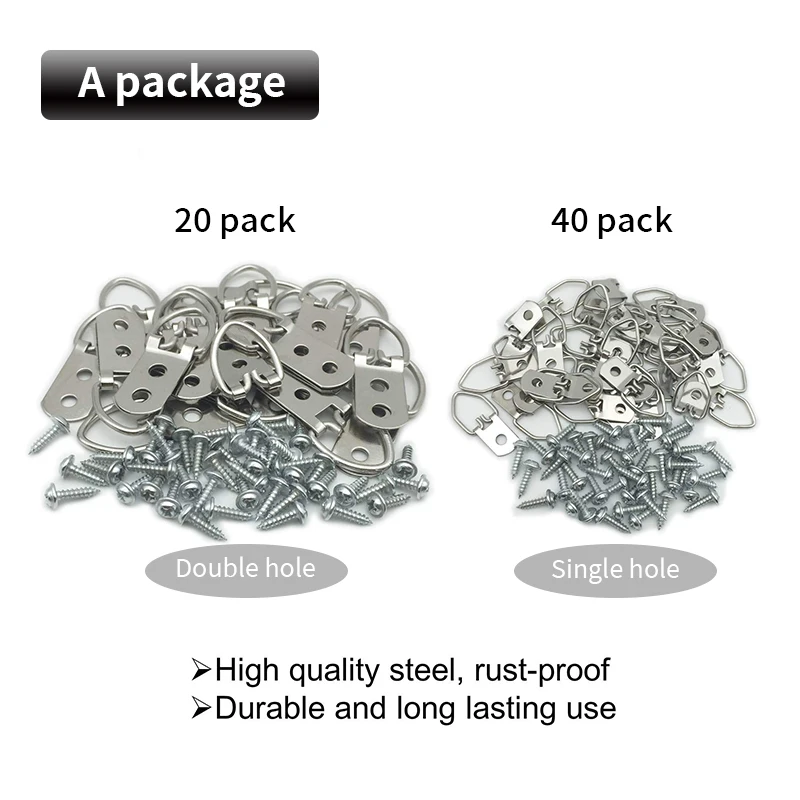 60pcs Two Shape D-Ring Double Holes Picture Hangers with Screws Premium D Ring Hooks Kit Hanging Painting Photos Artwork Frame