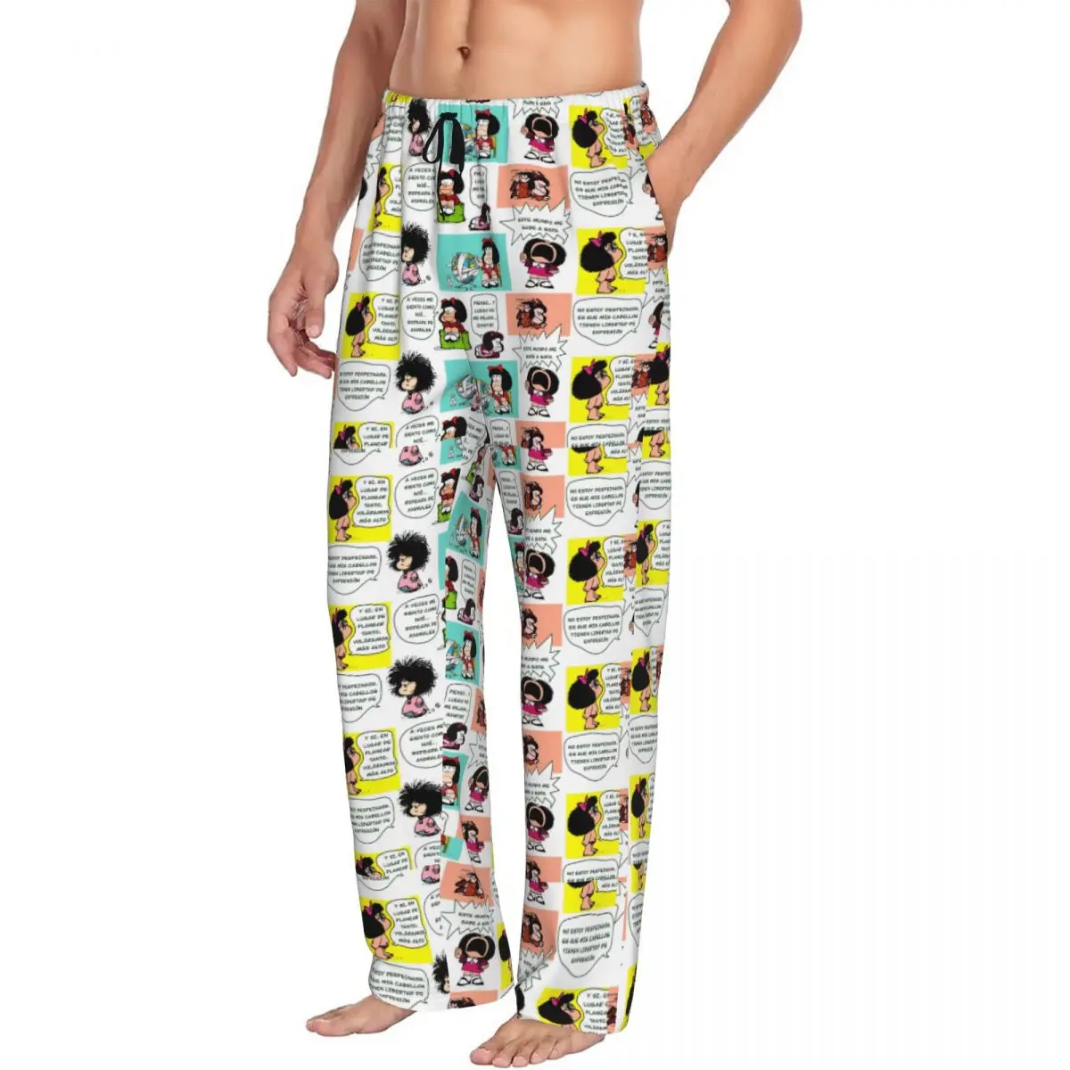 Custom Manga Quino Mafalda Pajama Pants for Men Kawaii Cartoon Lounge Sleep Drawstring Sleepwear Bottoms with Pockets