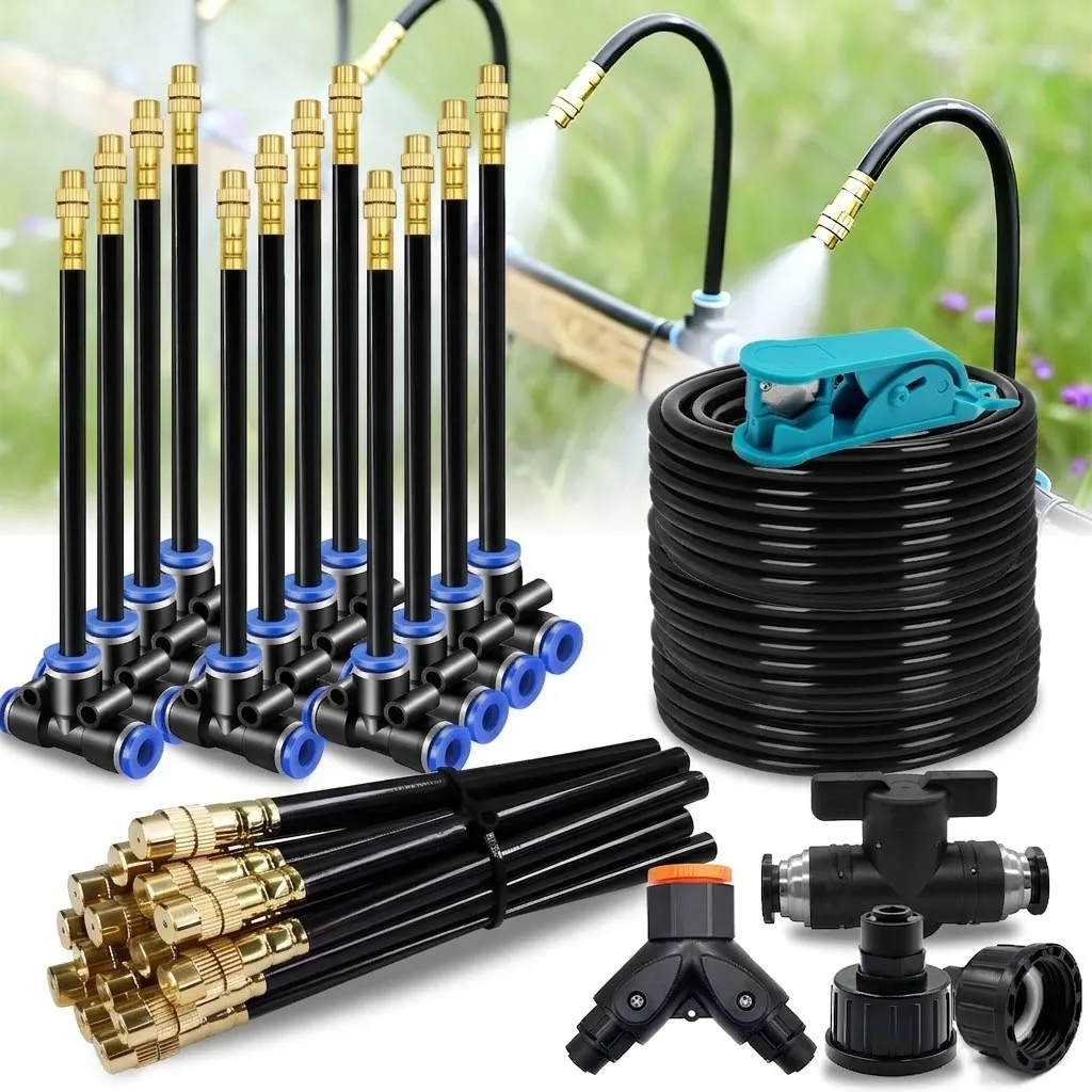 Outdoor Garden Irrigation Watering 30-5m 1/4 inch 4/6mm Misting Cooling System featuring 360 Degree Free-bend Adjustable Nozzle