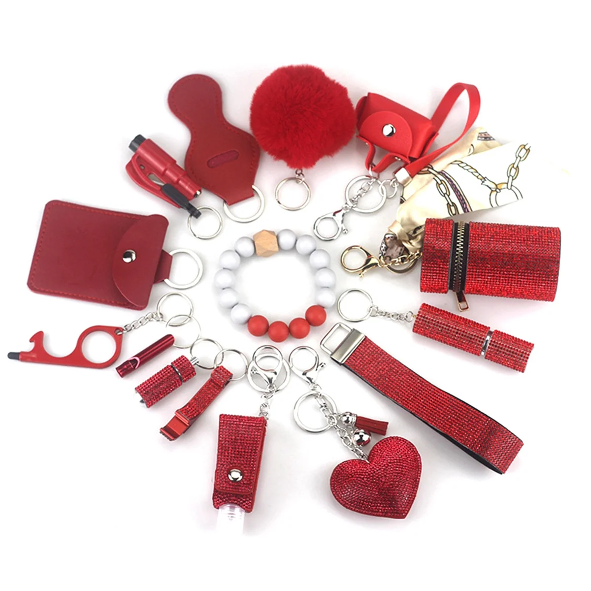 Keychain Pendant Set for Woman with Pom Pom Ball,Lip Balm Lanyard,Whistle,Travel Bottle Holder,Bottle Open Red