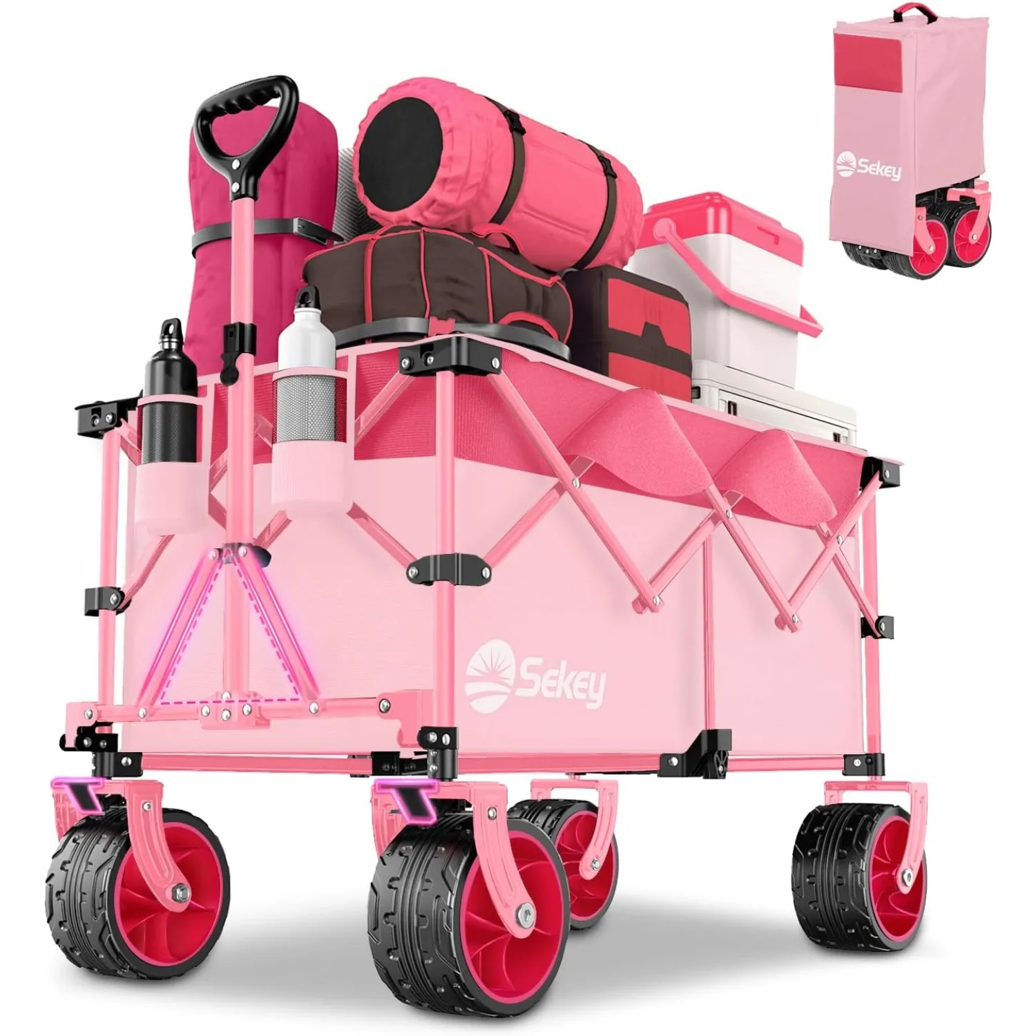 Sekey 220L Collapsible Foldable Wagon 330lbs Weight Capacity Heavy Duty Utility Garden Cart Big All-Terrain Beach Wheels Pink