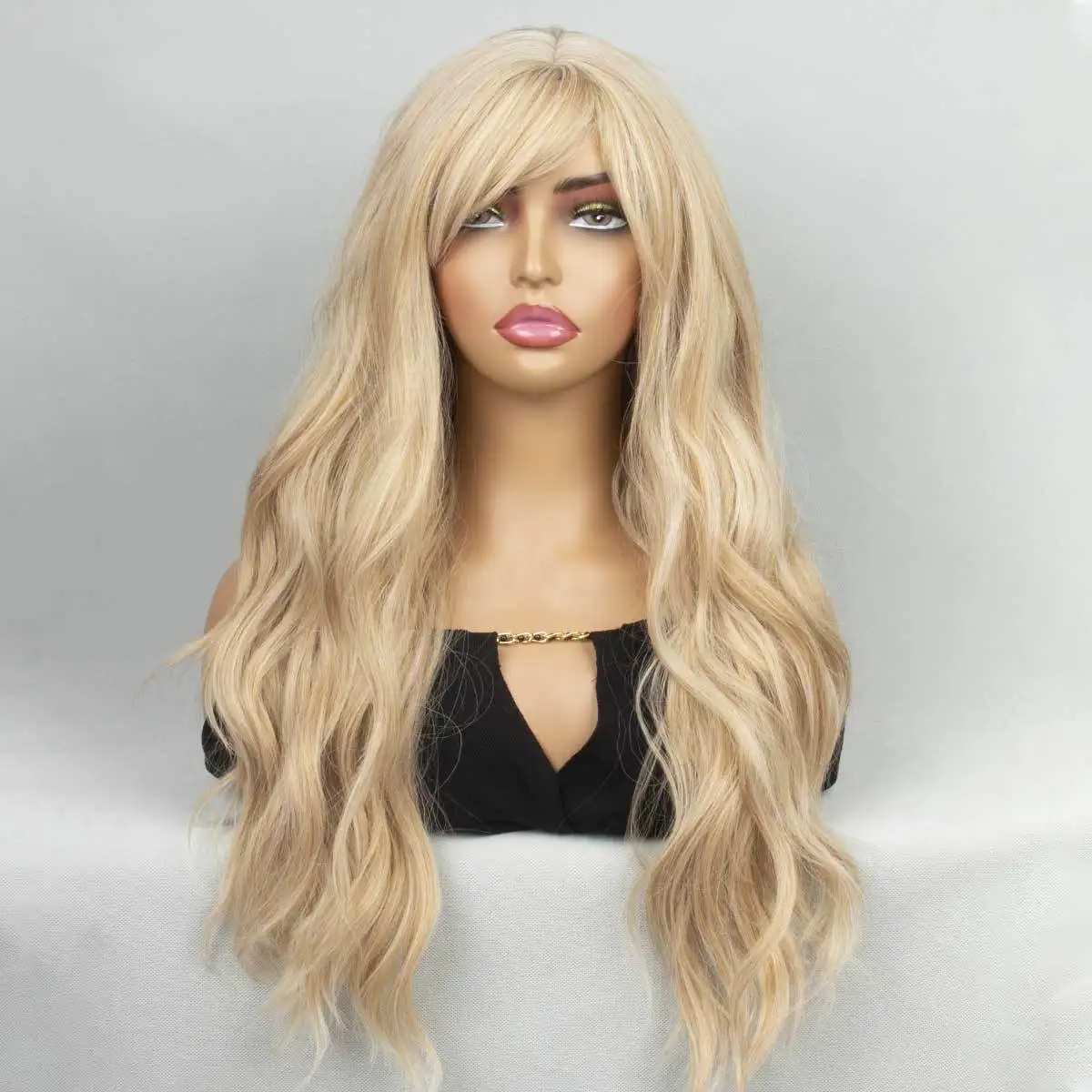 Parrucca moda europea e americana femminile bionda capelli lunghi ricci soffice parrucca grande onda copricapo copricapo completo in fibra chimica