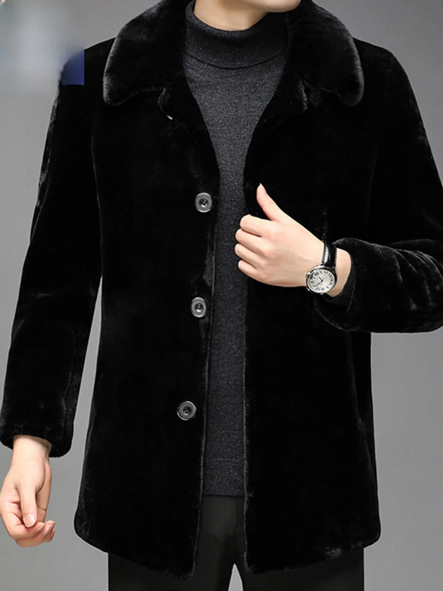 

Thiened Men's Mink Velvet Coat Winter Warm Fur Coat Busin Casual Sle Long Sve Mid-Length Single Button Closure