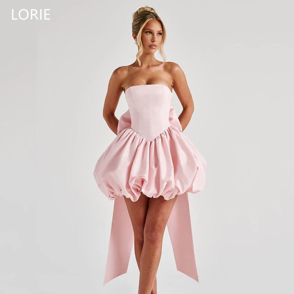 

LORIE Cute Pink Satin MIni Party Dresses Strapless Bow Evening Prom Dress Draped A-Line Mini Cocktail Dress Customized