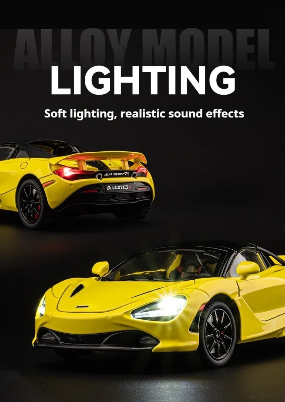 1:24 Senna GTR 720S Miniature Model Alloy Diecast Sports Car Toys Front Wheel Steering Sound Light Pull Back Boys Festival Gifts
