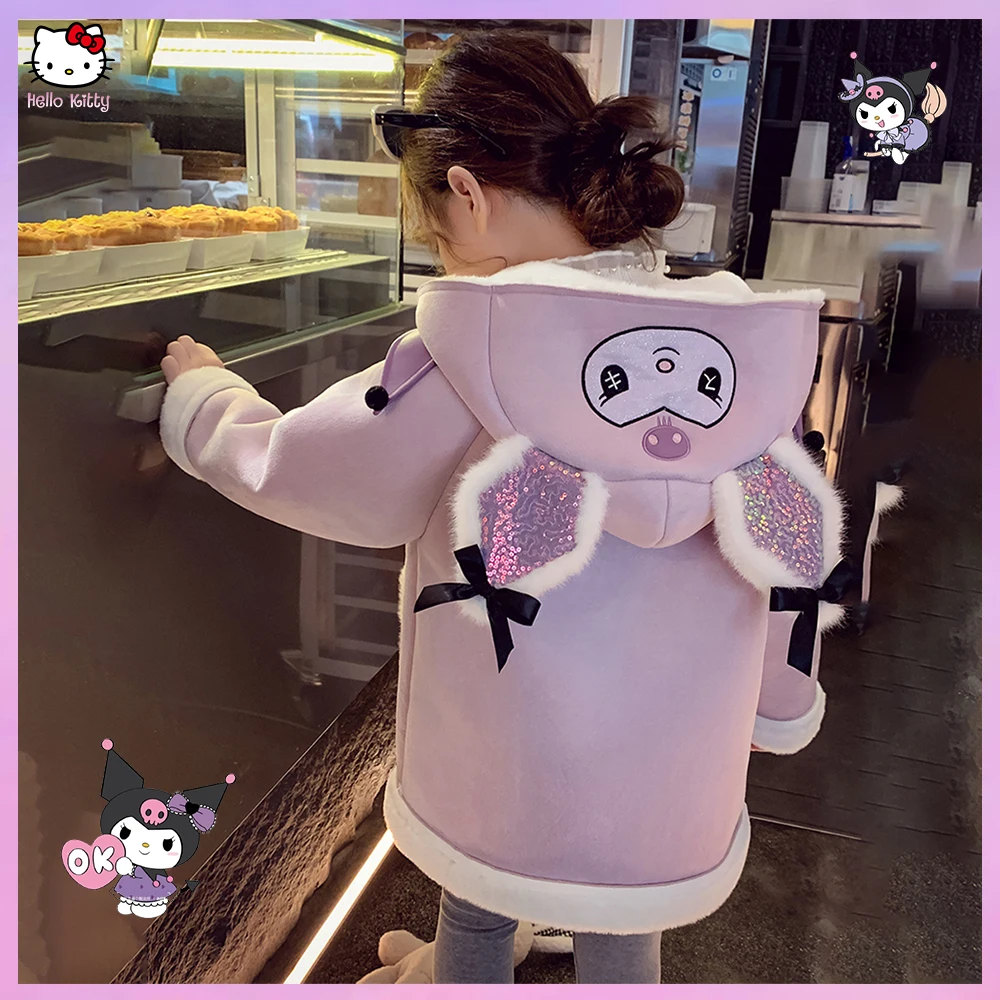 Winter New Sanrioed Anime Kuromi Korean Kids Coat Kawaii Retro Fashion Suede Thick Girl Coat Warm Jacket Lambswool Cartoon Coat