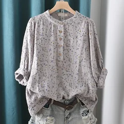 Women's blouse 100% cotton yarn white pink gray print shirts & blouses for women summer top breathable women's clothing