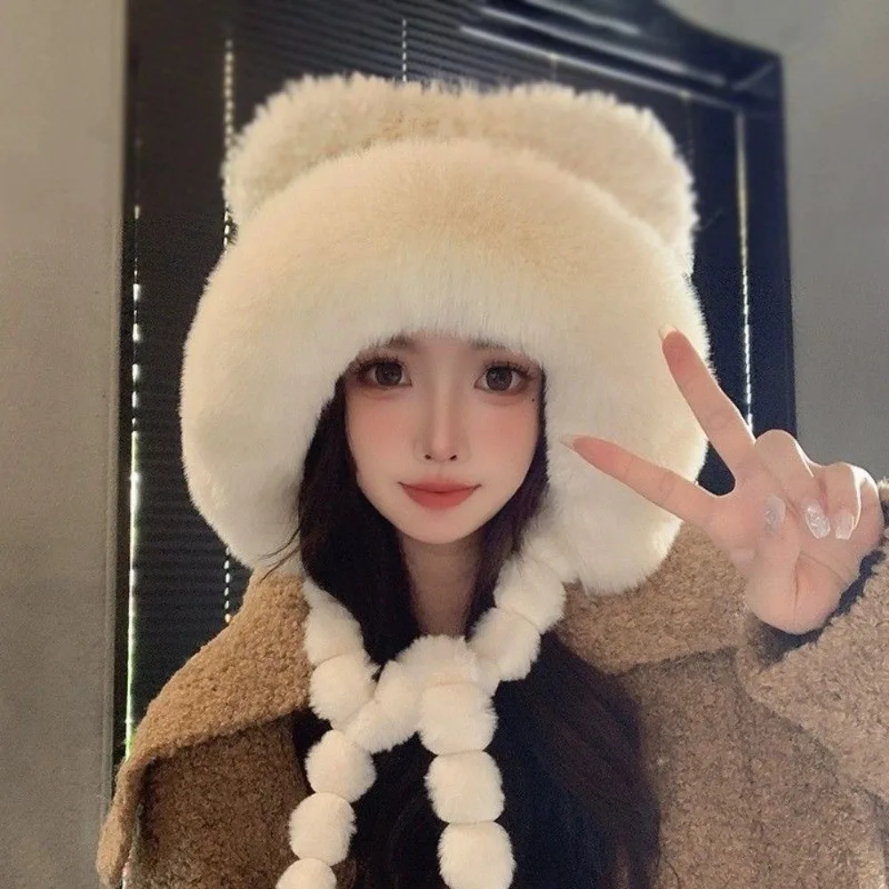 

New Warm Warm Ear Protection Hat Cute Ethnic Style Plush Ear Protection Hat Pompom Fluffy Thick Bucket Hat for Women