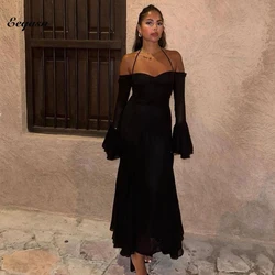 Black Sheath Evening Formal Dresses Strapless Customized Arabic Prom Party Dress Long Sleeves Dubai Arabia Occasion Gowns