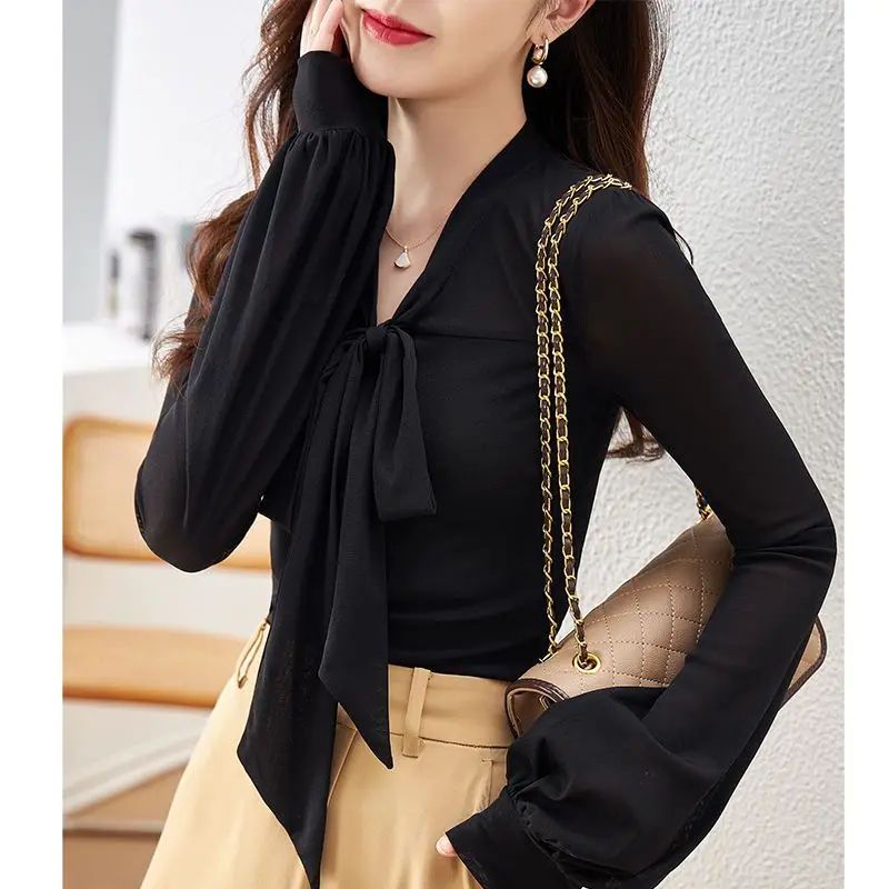 Temperament Net Yarn Long Sleeve T Shirts Spring New Bow Solid Slim All-match Trend Tops Tees Fashion Elegant Women Clothing