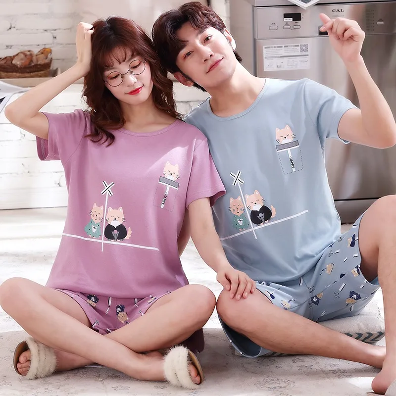 Cotton Couples Pajamas Set For Men Women Summer Short Sleeves Sleep Top & Shorts Homewear Female Male Night Clothing hombre