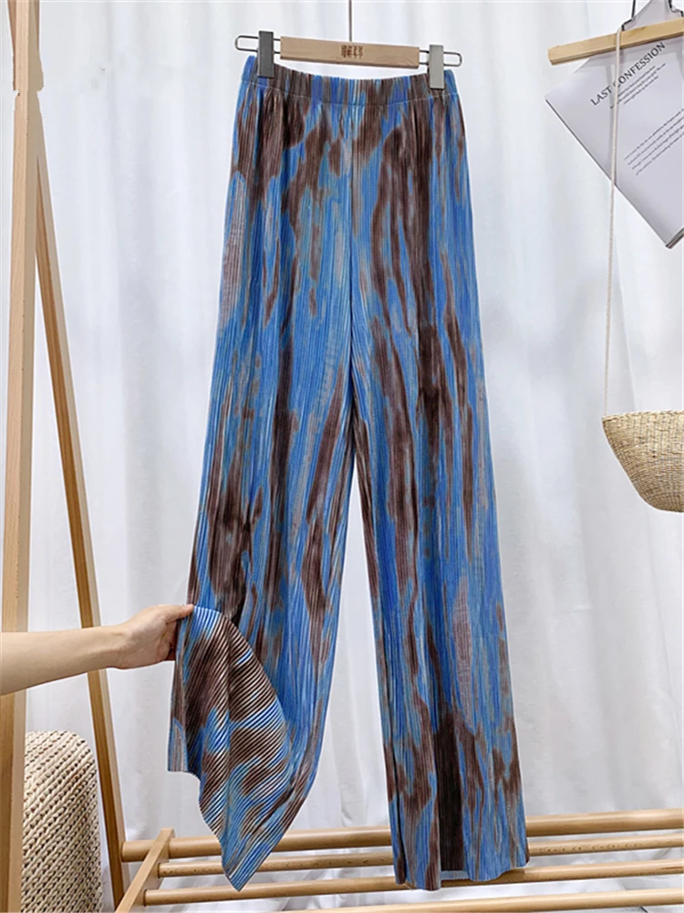 REALEFT 2022 New Summer Vintage Printed Women's Pleated Long Pants Elastic Waist Loose Bohemian Female Wide Leg Trouses Ladies
