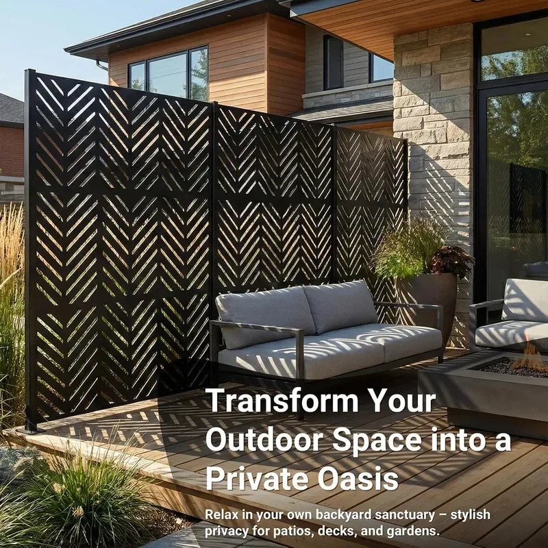Privacy Screen Outdoor 6FT Freestanding Decorative Steel Panel with Stand Laser-Cut Chevron Pattern Modern Privacy Divider