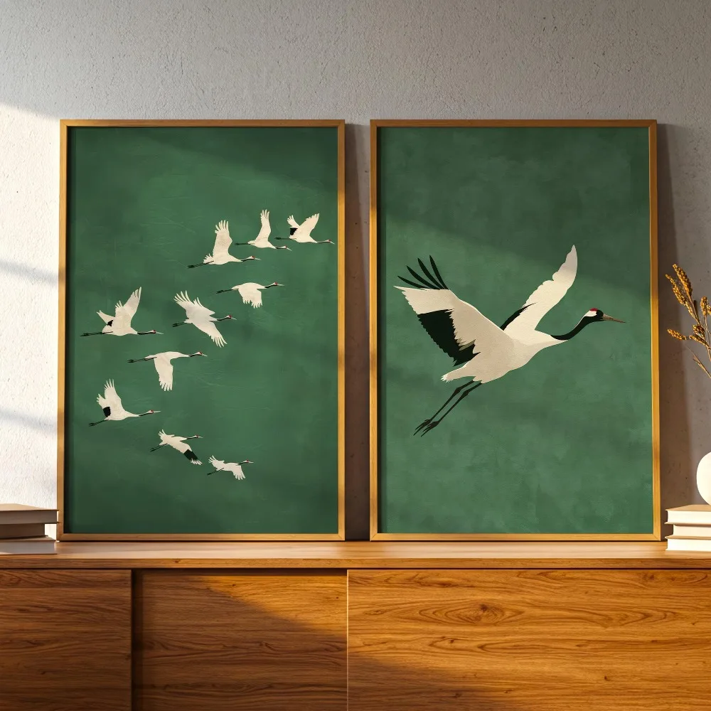 2pcs Frameless,2D Flat ,2pcs Frameless, Japanese Printed Poster, Red-crowned Crane Wall Art, Zen Minimalist Decoration, Moss Gre