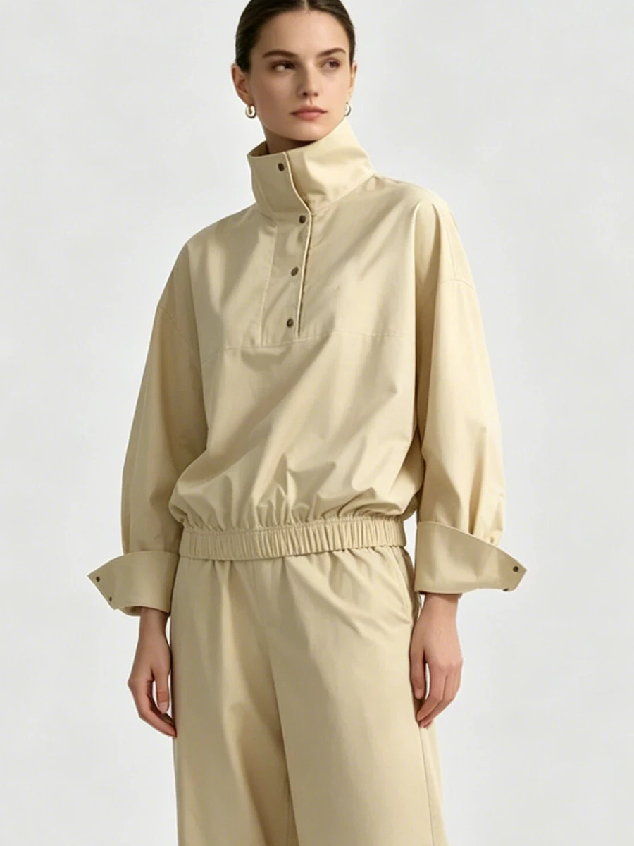 

LIMO Long Sleeve Stand Collar Jacket + Wide Leg Pants Set, Casual Two-Piece Outfit