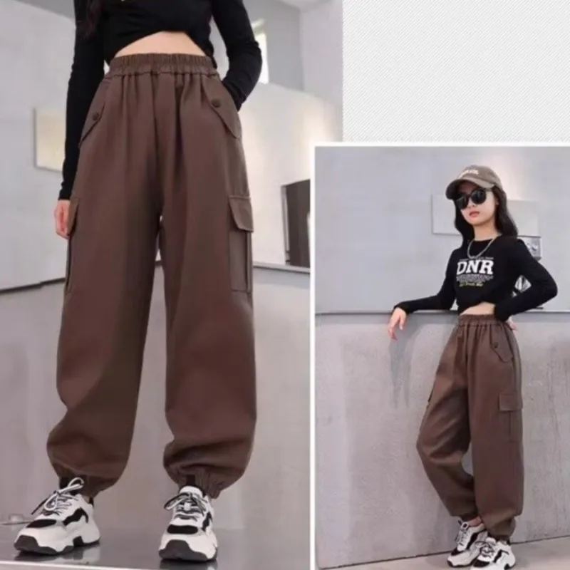 Girls' Spring Activewear Cargo Pants Collection Stretchable Long Pants for Kids Casual with Reinforced Knees Machine Washable