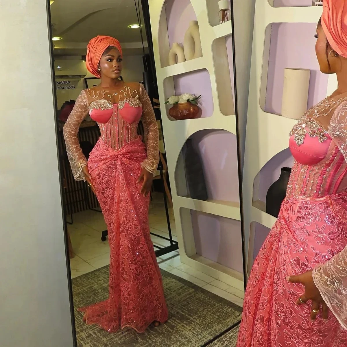 

Pink African Aso Ebi Evening Dresses Mermaid Long Sleeves Lace Beaded Party Gown Prom Dresses For Black Girls 2026 Customized
