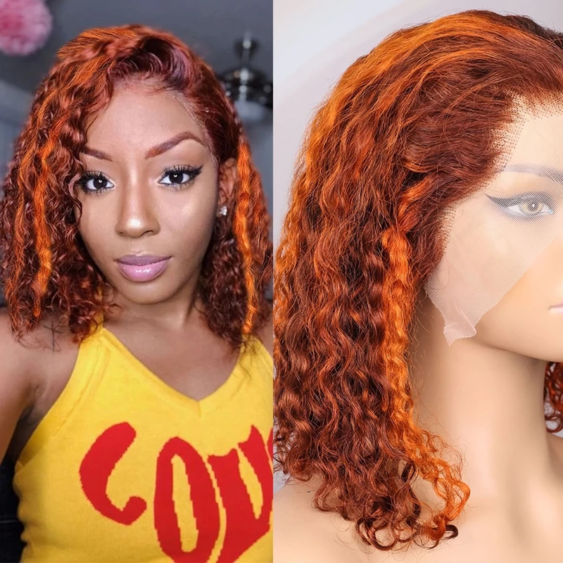 Выделите Ombre Рыжий Глубокая Волна 13x4 Прозрачный Парик Фронта Шнурка Боб Человеческих Волос 200% Плотность Волна Воды Вьющиеся Парики 16 дюймов # 4/350