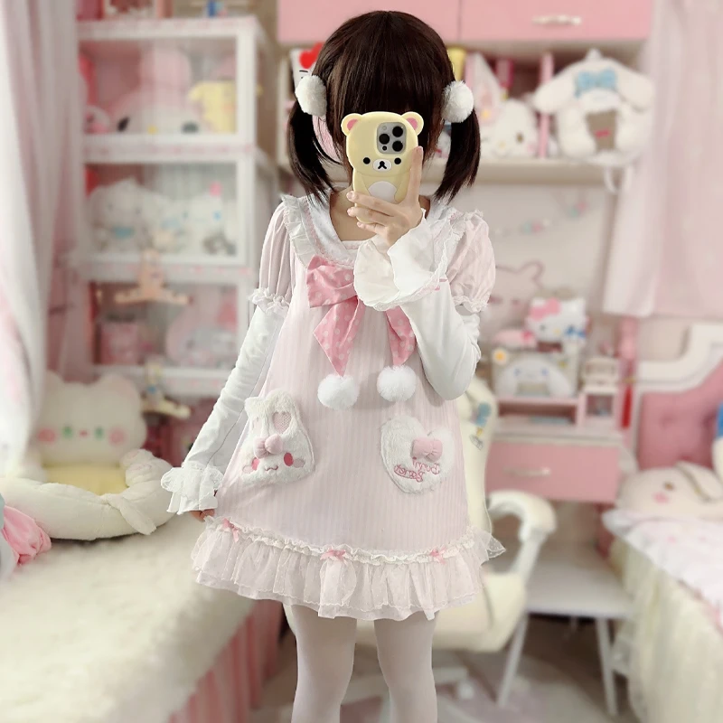 귀여운 토끼 사랑스러운 토끼 라이트 로리타 드레스 탈부착 가능한 소매 오리지널 레이스 소프트 걸 딸 드레스 Y2k 드레스
