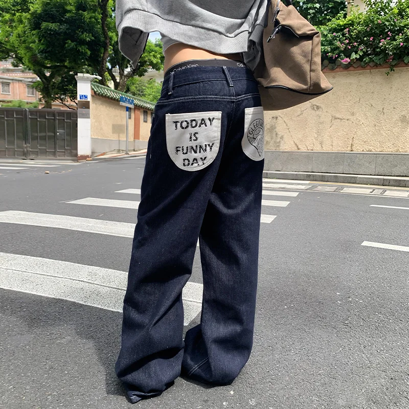 Women Raw Dark Denim Jeans 2026 Autumn Winter White Print Back Pockets Non Fade Straight Leg American Streetwear Y2K