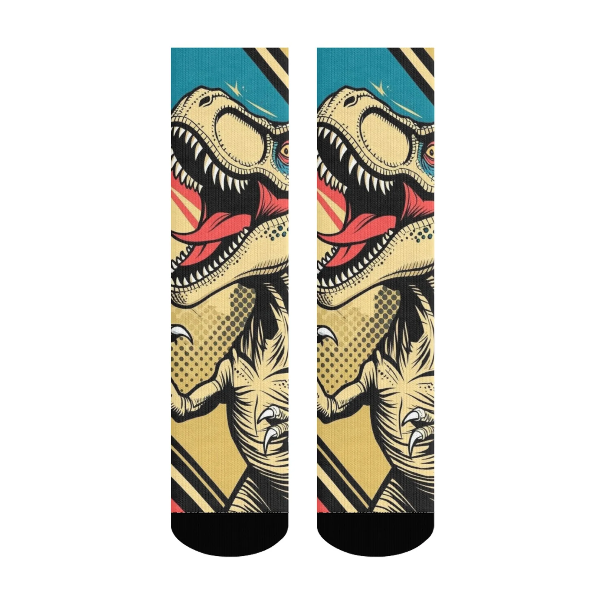 Kolorowe, stylizowane skarpetki z dinozaurem T-rexem, skarpetki załogowe w stylu retro komiksowym, nowatorskie, zabawne skarpetki w stylu vintage streetwear.