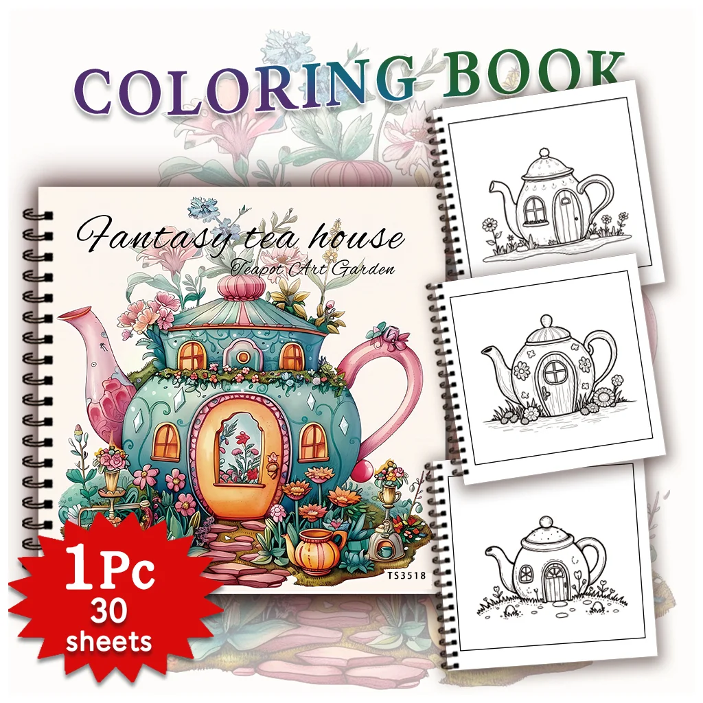 1pc,Teapot Colouring Book - Teen Colouring Book - 30 Sheets, 8.3x 8.3 inches, Adult Stress Relief, Birthday, Holiday Party Gift