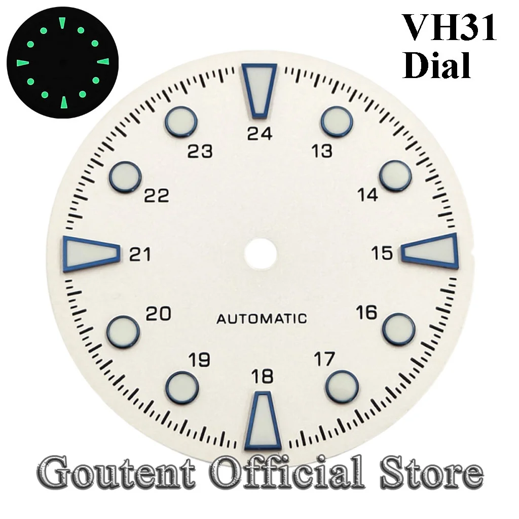Goutent New 28.6mm White Sterile 24H Multi‑Color Watch Dial Green Luminous Fit VH31 Quartz Movement Watch accessories