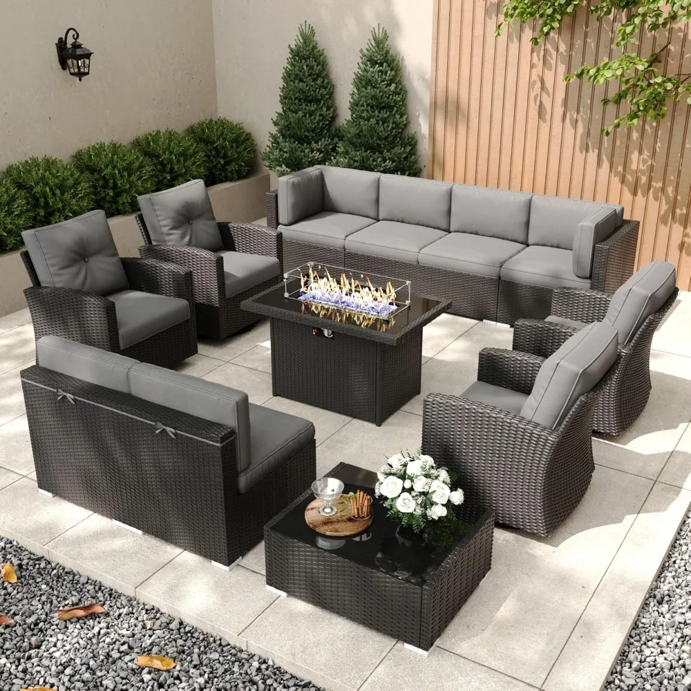 

12 Pieces Patio Furniture Set with Fire Pit Table All-Weather Wicker Conversation Sectional Chair Sofa Set with 4 Swivel Chairs