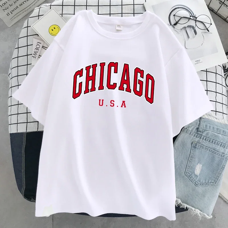 شيكاغو الولايات المتحدة الأمريكية مدينة رسالة الجرافيك طباعة المرأة تي شيرت الشارع الصيف التي شيرت عادية كم قصير تنفس تي شيرتات رائع
