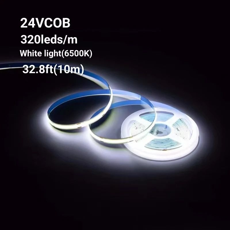 

Светодиодная лента COB 24В, 320 светодиодов на метр, для подсветки шкафов, 32. 8 футов (10 м), всего 3200 светодиодов, лента шириной 8 мм, холодный белый свет 6500K/нейтральный свет 4000K/теплый белый свет 3000K, суперяркая гибкая светодиодная лента DC24V