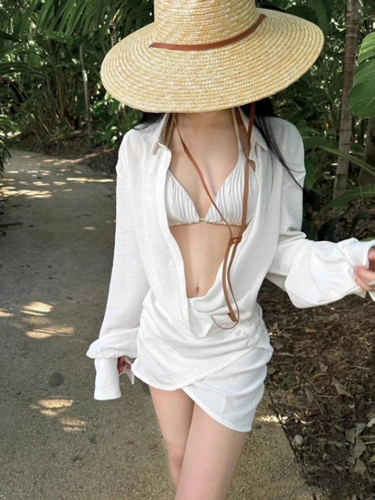 

Ins Beach Vacation Bikini Shirt Dress Swimsuit Women's Three-piece Set Small Breasted Summer Holiday Chic Bikini Suit 2025 New