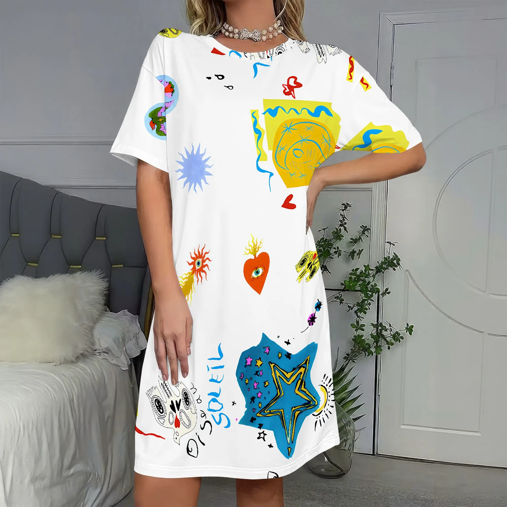 Abstract Art Print, Oversized T-Shirt Dress, Colorful Sun Star Pattern, Casual Summer Beachwear, S-2XL