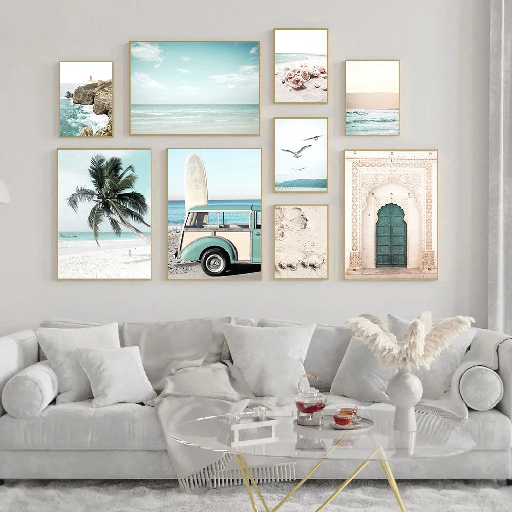 Blue Ocean Landscape Art Prints Sea Beach Wave Canvas Poster Coconut Tree Wall Art Painting Picture Living Room Home Decoration