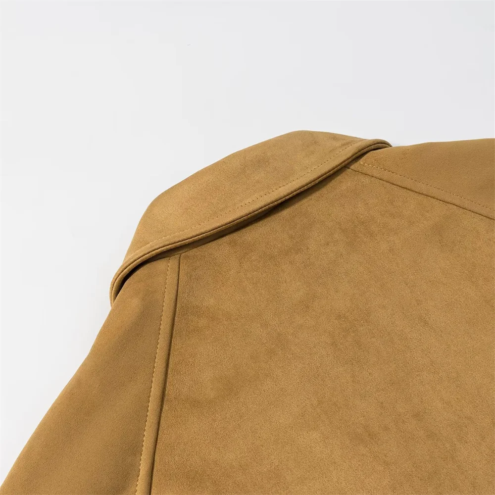 Otoño e Invierno nueva chaqueta de piloto de gamuza de manga larga con cuello decorativo y bolsillo lateral versátil informal para mujer