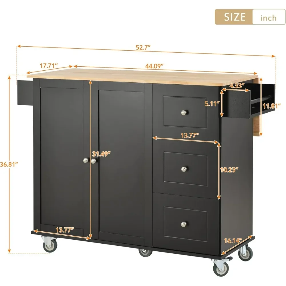 Kitchen Island Cart with Storage, Rolling Island with Drop Leaf, Kitchen Island on Wheels with 3 Drawers and Storage Cabinet