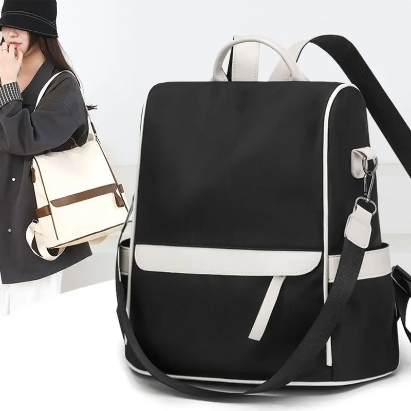 Black and White Contrast Color Backpack for Women Casual Nylon School Daypack with Top Handle Adjustable Strap Travel Daily Use